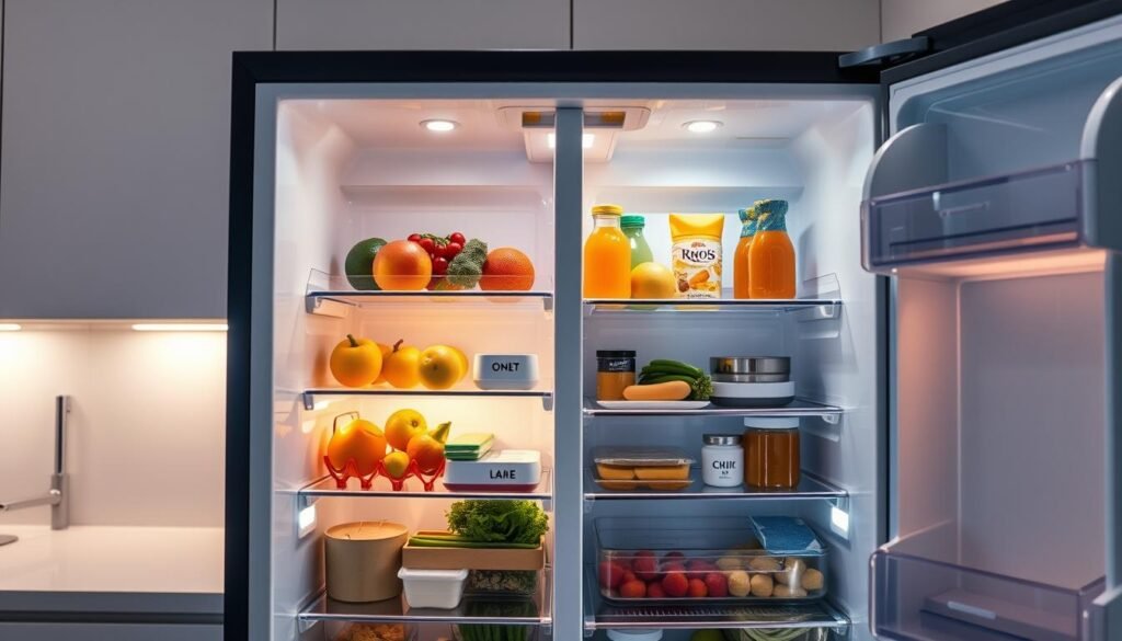 A modern, well-lit kitchen interior with an open refrigerator in the foreground. Inside the refrigerator, neatly organized shelves and compartments filled with a variety of food items, including fruits, vegetables, dairy products, and condiments. The shelves and containers are made of clear acrylic or glass, allowing the contents to be easily visible. The refrigerator's lighting creates a warm, inviting atmosphere, highlighting the organized and efficient storage solutions. The background features a minimalist, neutral-colored kitchen design, with clean lines and simple, functional elements. The overall scene conveys a sense of order, cleanliness, and efficiency within the refrigerator, reflecting the idea of an &amp;amp;amp;quot;organized world&amp;amp;amp;quot; within this household appliance.