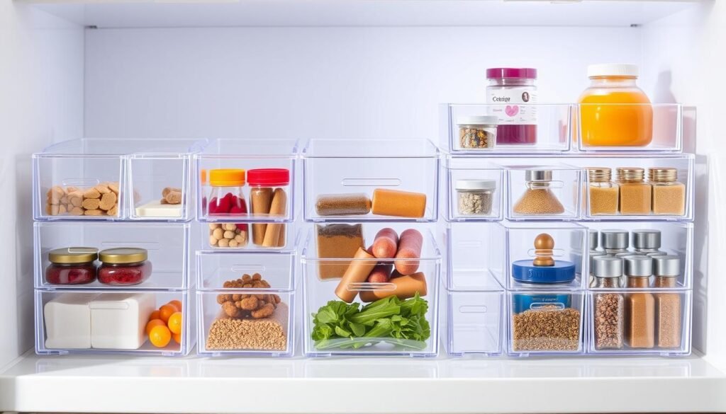 Transparent refrigerator organizers neatly arranged on a bright, well-lit kitchen counter. The organizers feature various compartments and dividers, allowing for efficient storage of food items, spices, and small containers. A soft, natural lighting illuminates the translucent material, highlighting the practical and aesthetically pleasing design. The organizers are placed in a visually appealing, symmetrical layout, showcasing their versatility and organizational capabilities. The image conveys a sense of order, cleanliness, and a desire for a well-organized refrigerator space.
