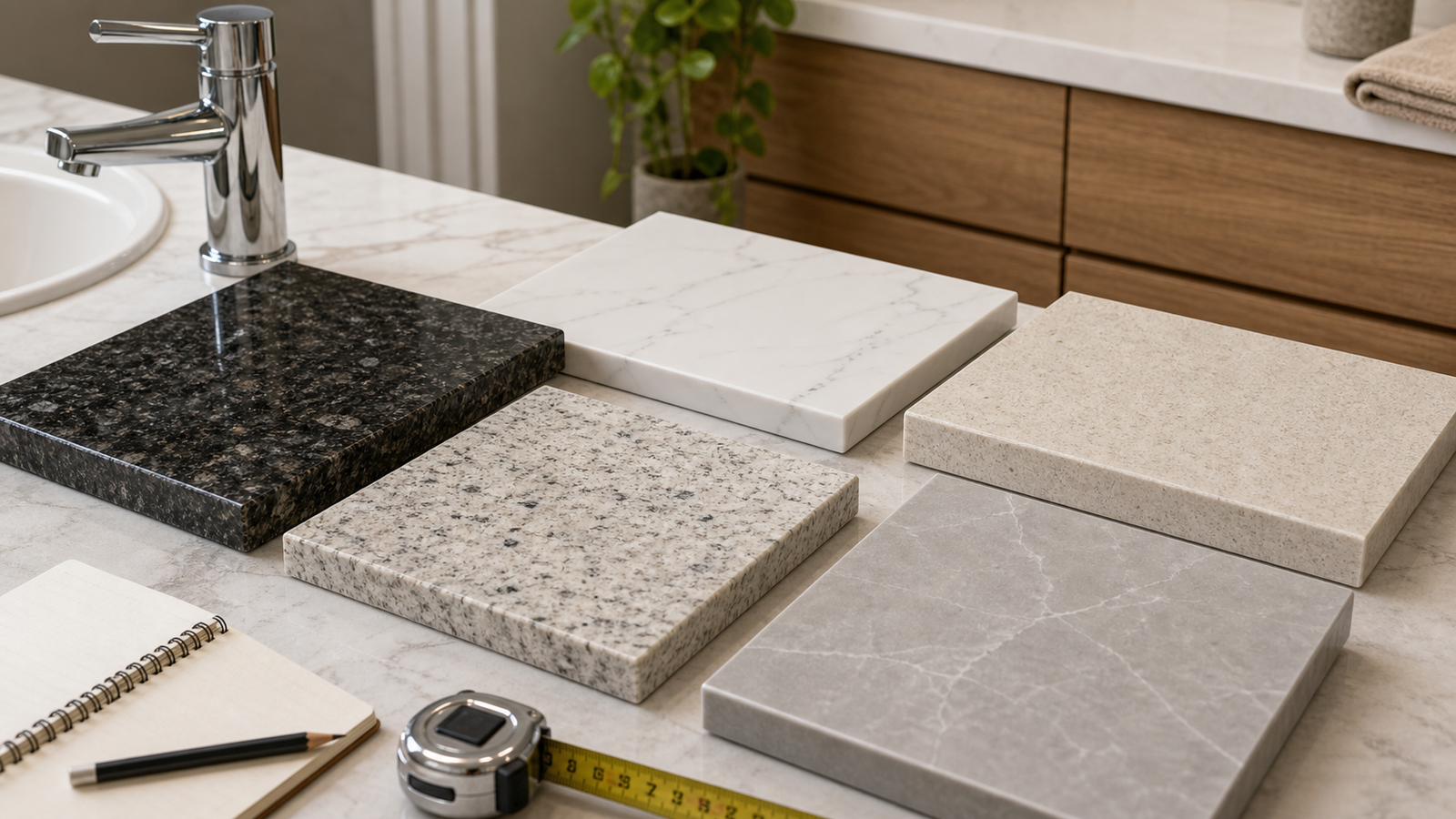 Amostras de porcelanato e materiais claros para banheiro