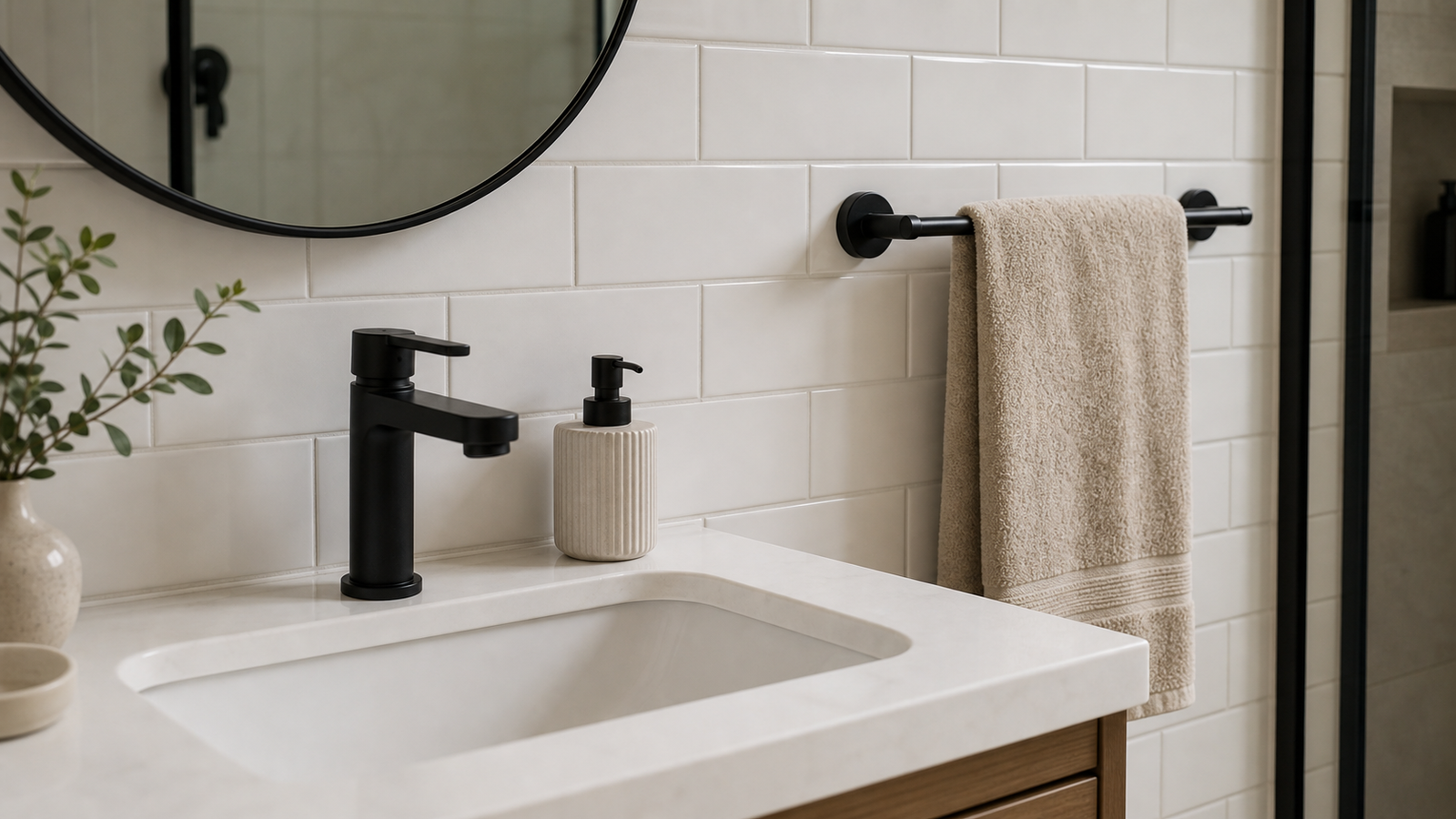 Detalhe de banheiro branco com metais pretos, bancada clara e acabamento moderno