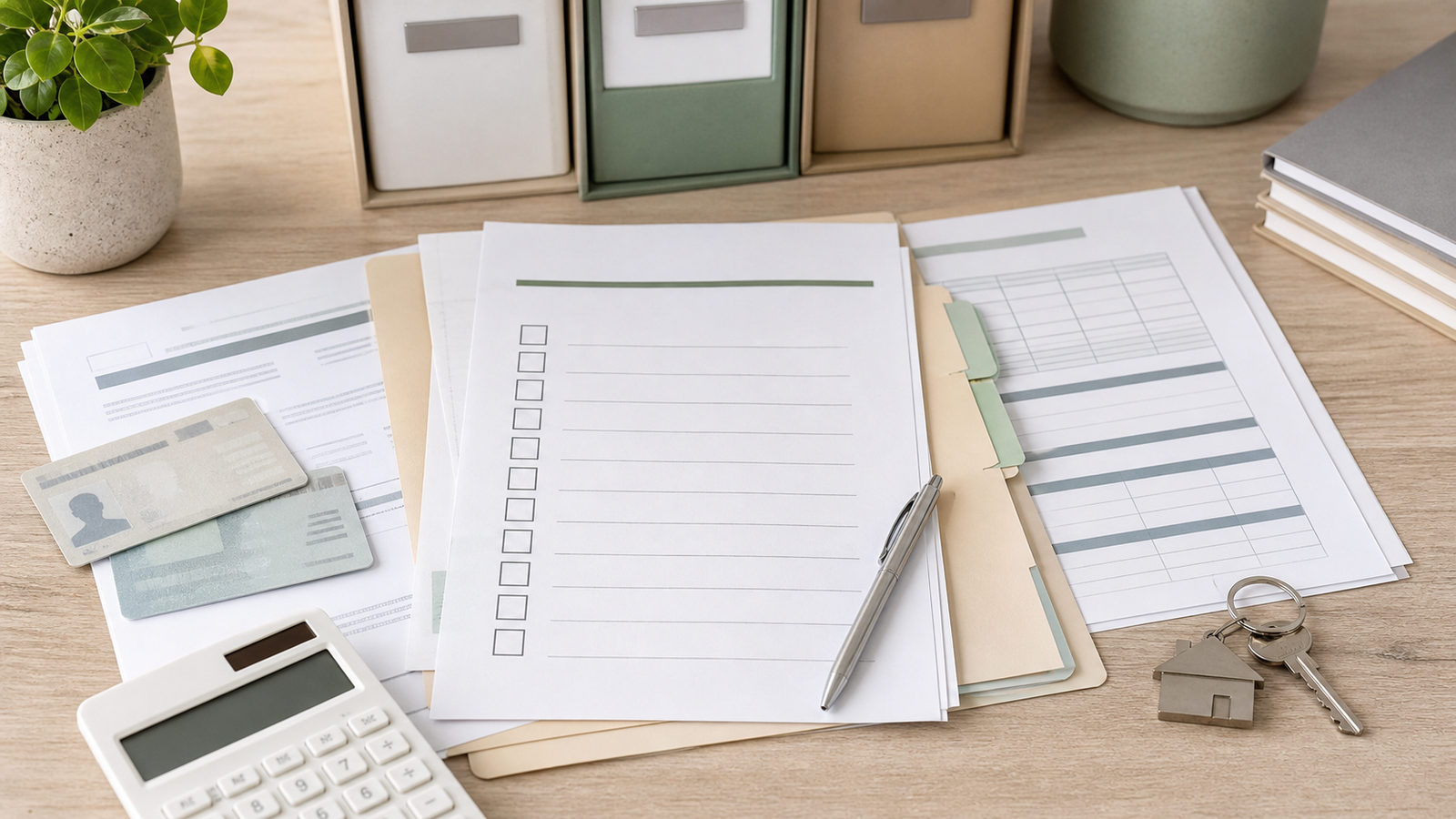 Checklist de documentos para crédito de reforma com pastas e calculadora