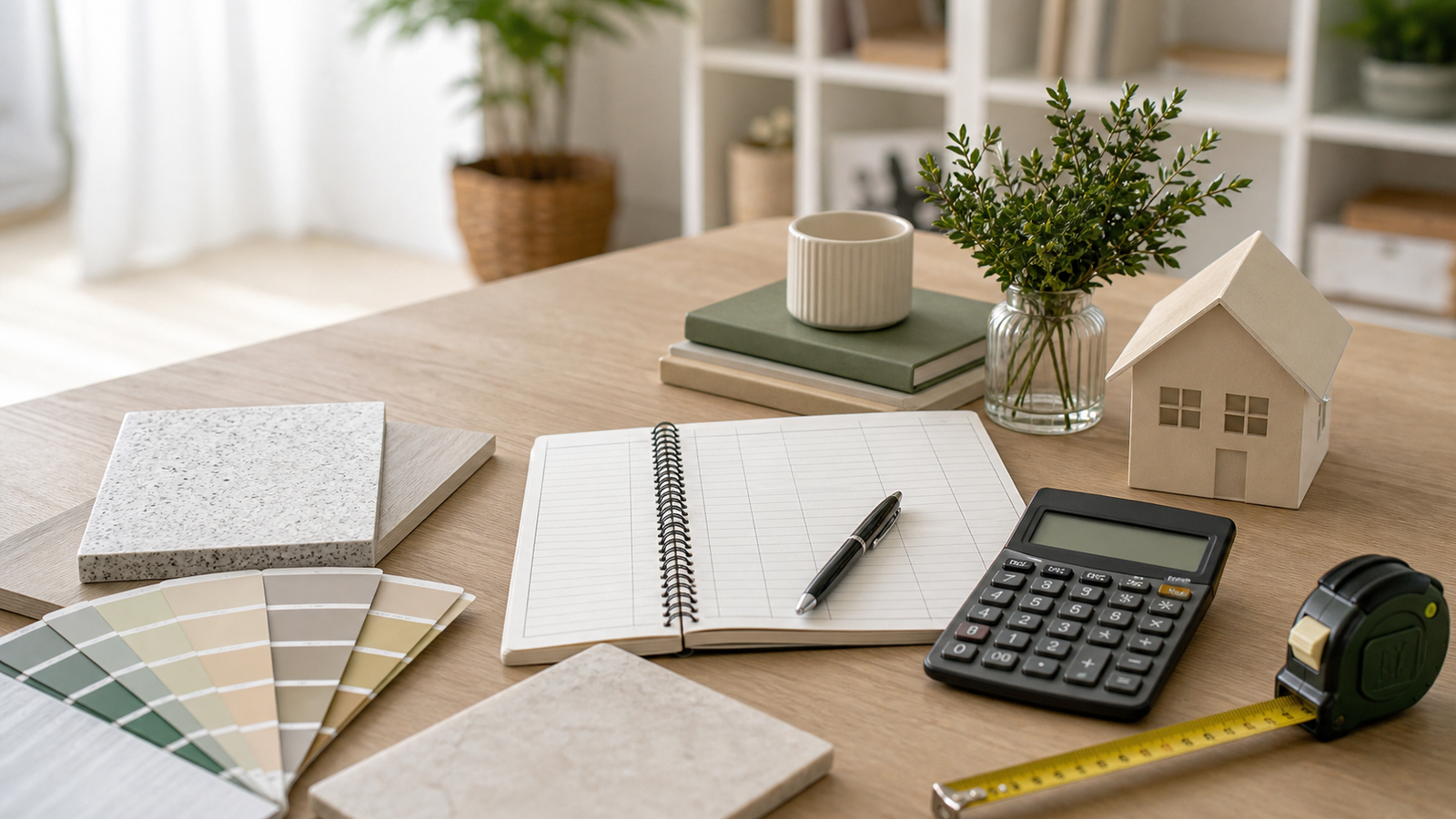 Mesa com calculadora, amostras de materiais e caderno de orçamento para reforma