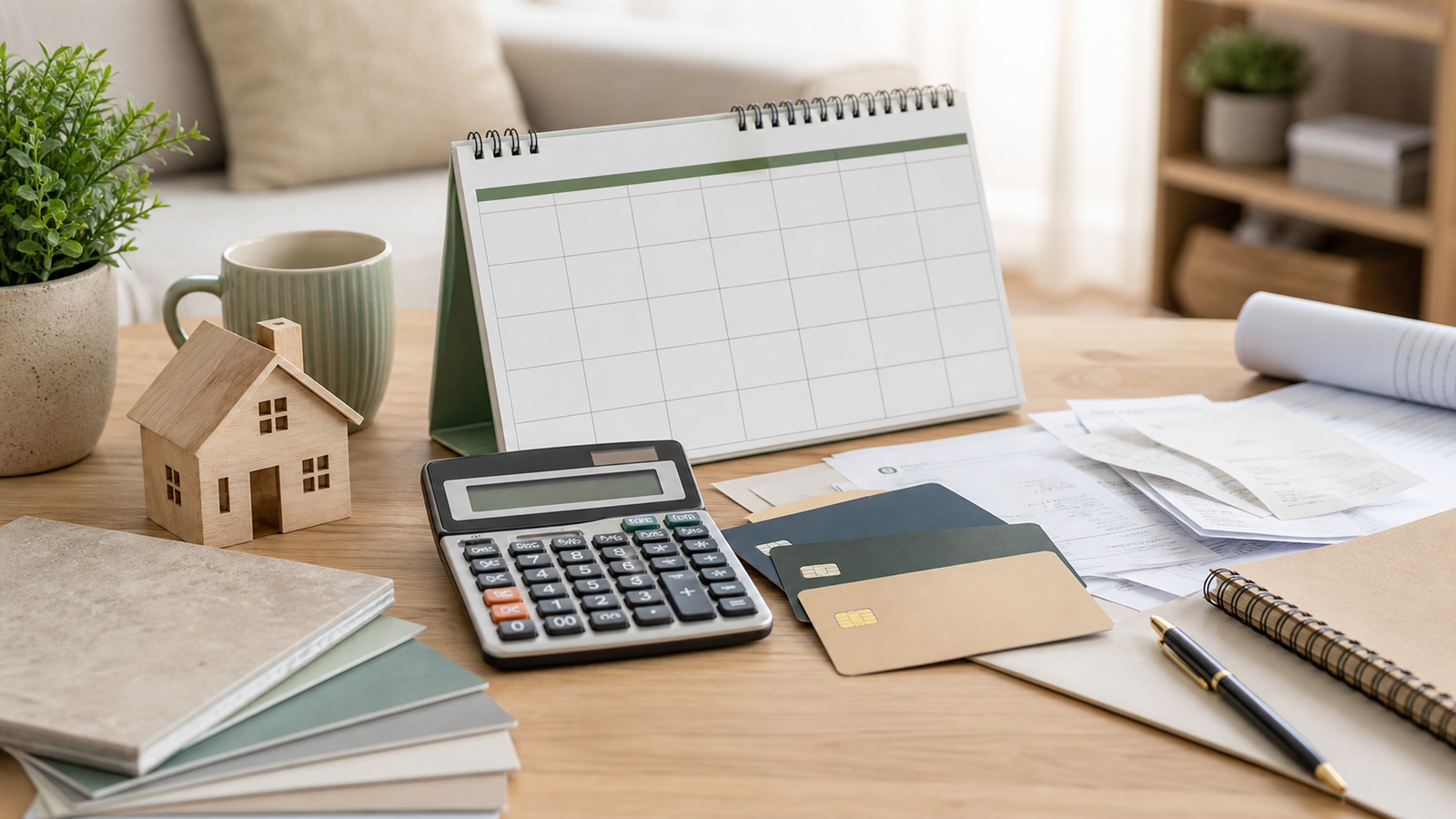 Simulação de parcelamento de reforma com calendário, cartões e calculadora