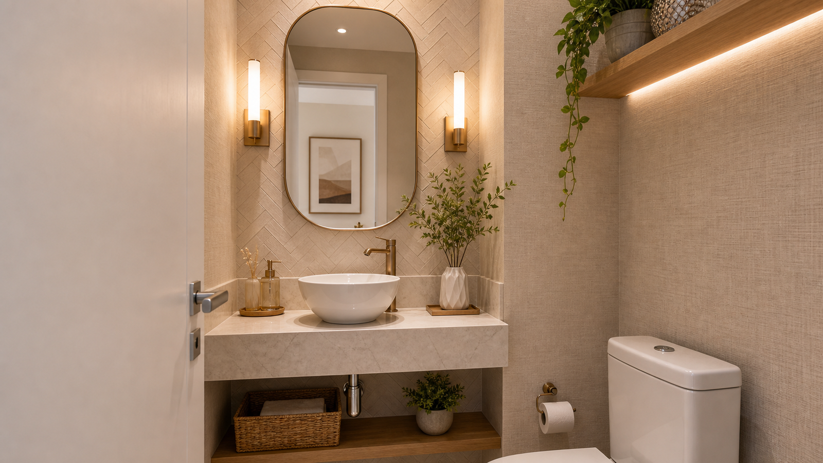 Lavabo pequeno decorado com espelho grande e bancada compacta
