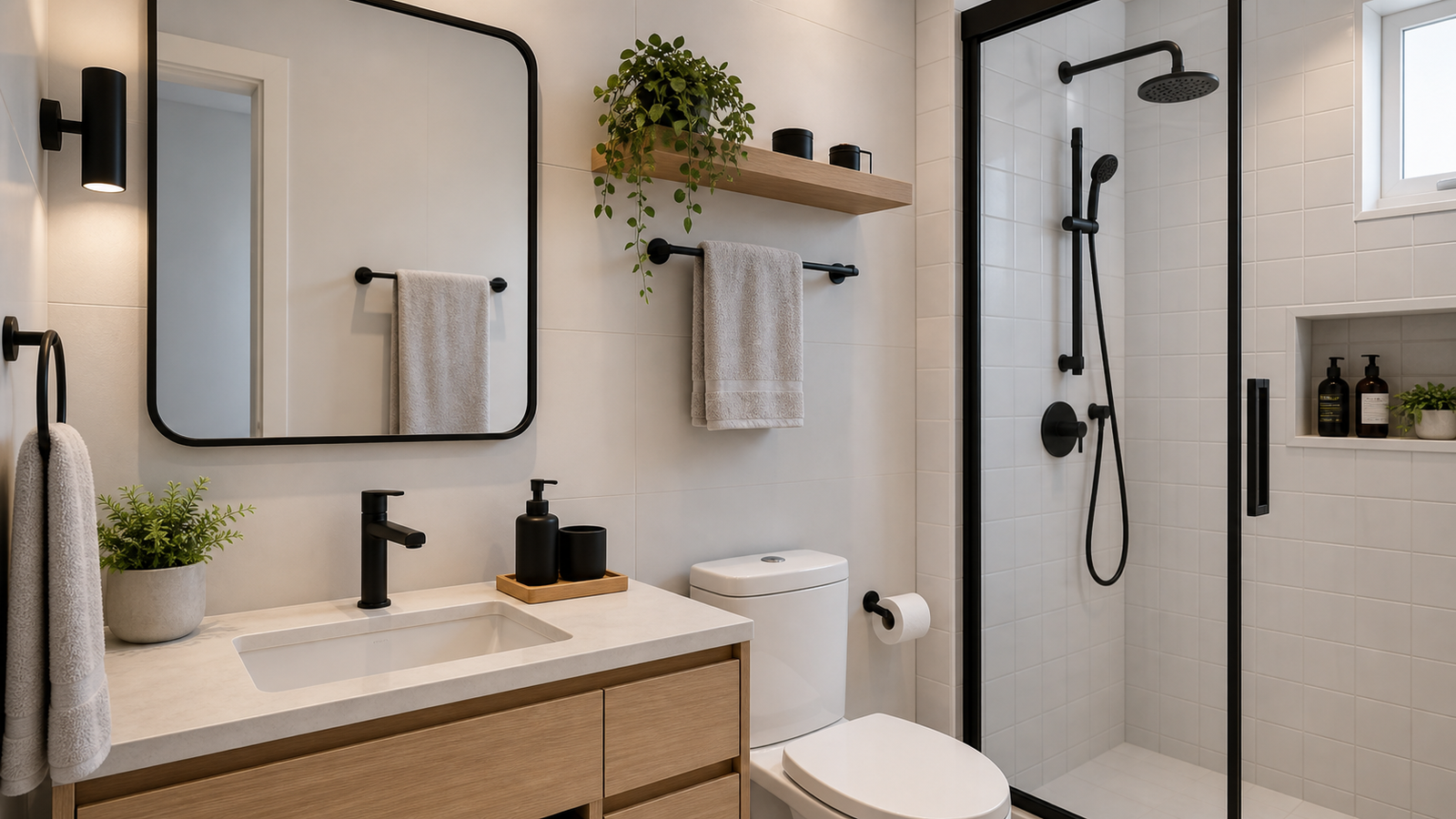 Banheiro claro decorado com metais pretos e bancada moderna