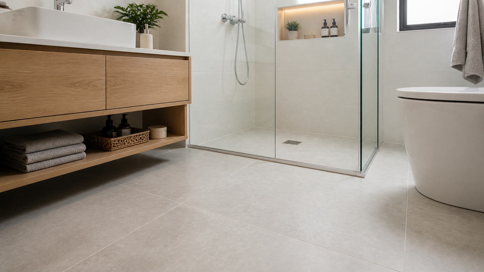 Banheiro com porcelanato claro e box de vidro