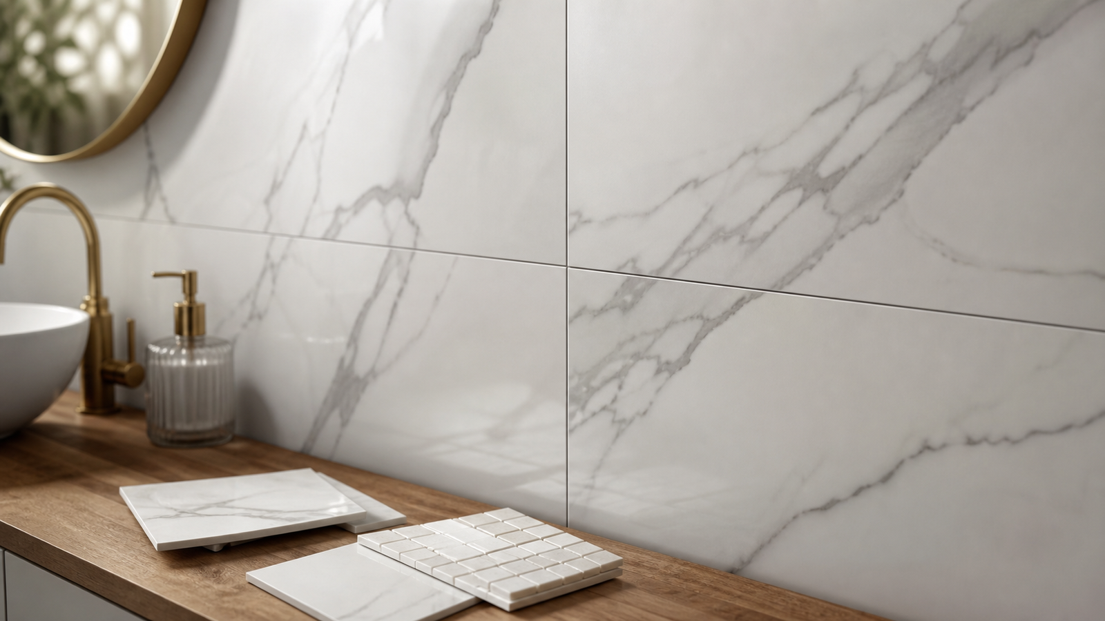 Detalhe de porcelanato marmorizado com veios suaves e rejunte discreto